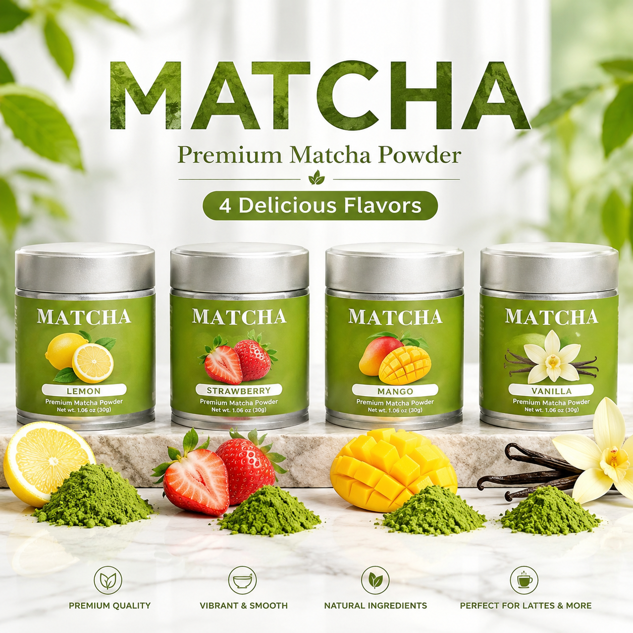 Premium Flavored Matcha Powder Set – 4 Delicious Flavors: Lemon, Strawberry, Mango & Vanilla