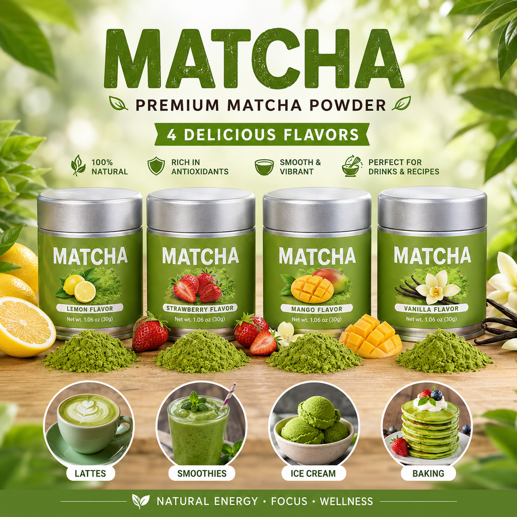 Premium Flavored Matcha Powder Set – 4 Delicious Flavors: Lemon, Strawberry, Mango & Vanilla