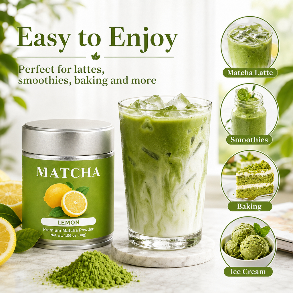 Premium Flavored Matcha Powder Set – 4 Delicious Flavors: Lemon, Strawberry, Mango & Vanilla