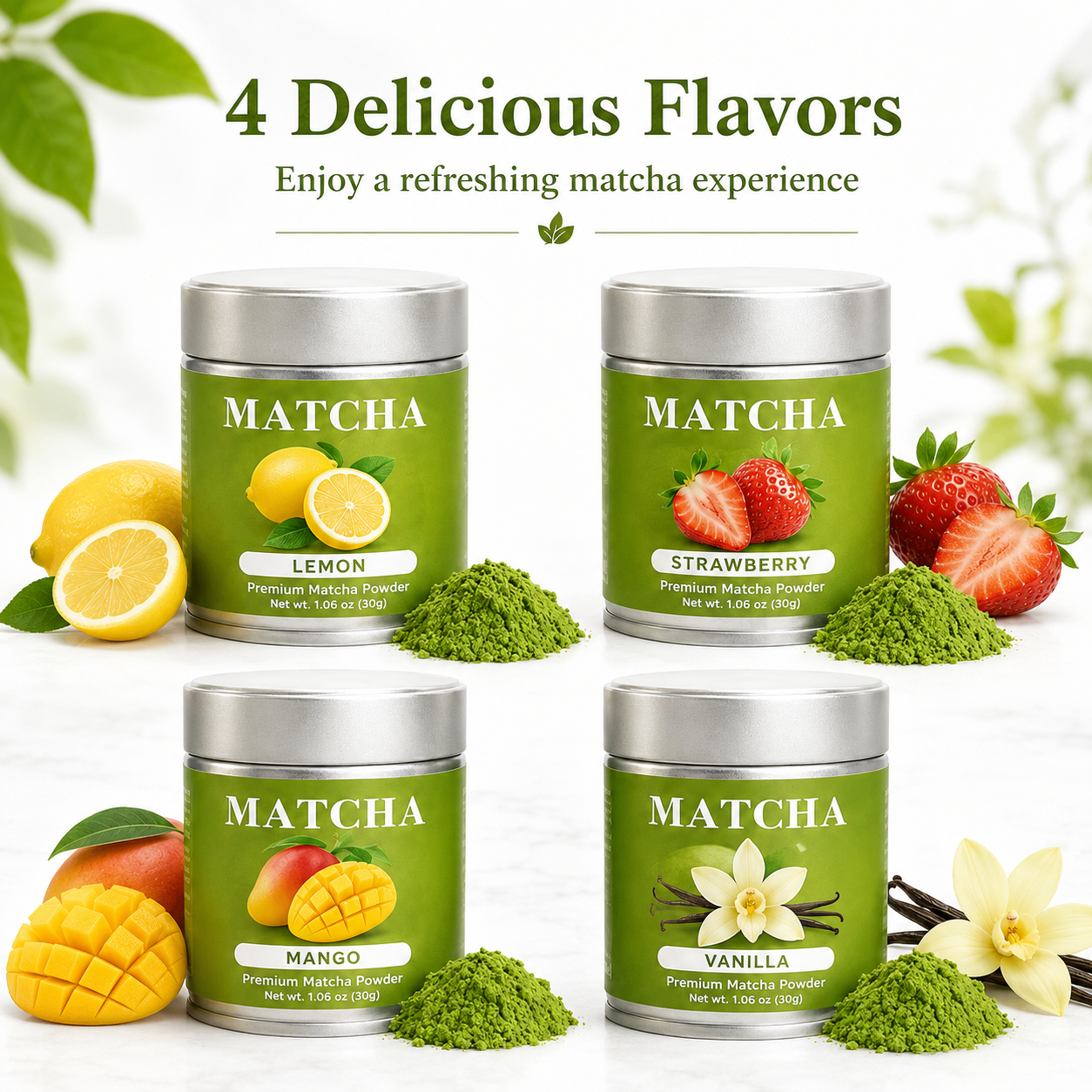 Premium Flavored Matcha Powder Set – 4 Delicious Flavors: Lemon, Strawberry, Mango & Vanilla