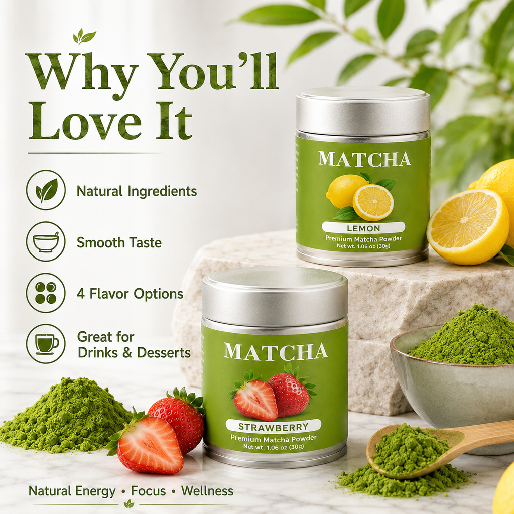 Premium Flavored Matcha Powder Set – 4 Delicious Flavors: Lemon, Strawberry, Mango & Vanilla