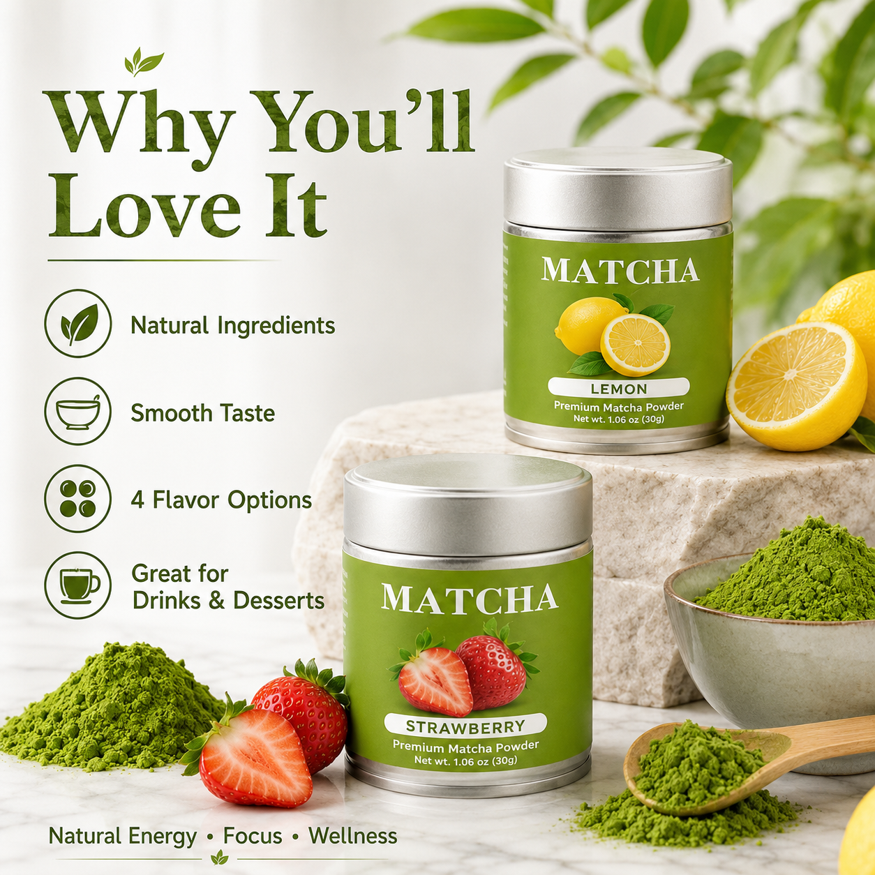 Premium Flavored Matcha Powder Set – 4 Delicious Flavors: Lemon, Strawberry, Mango & Vanilla