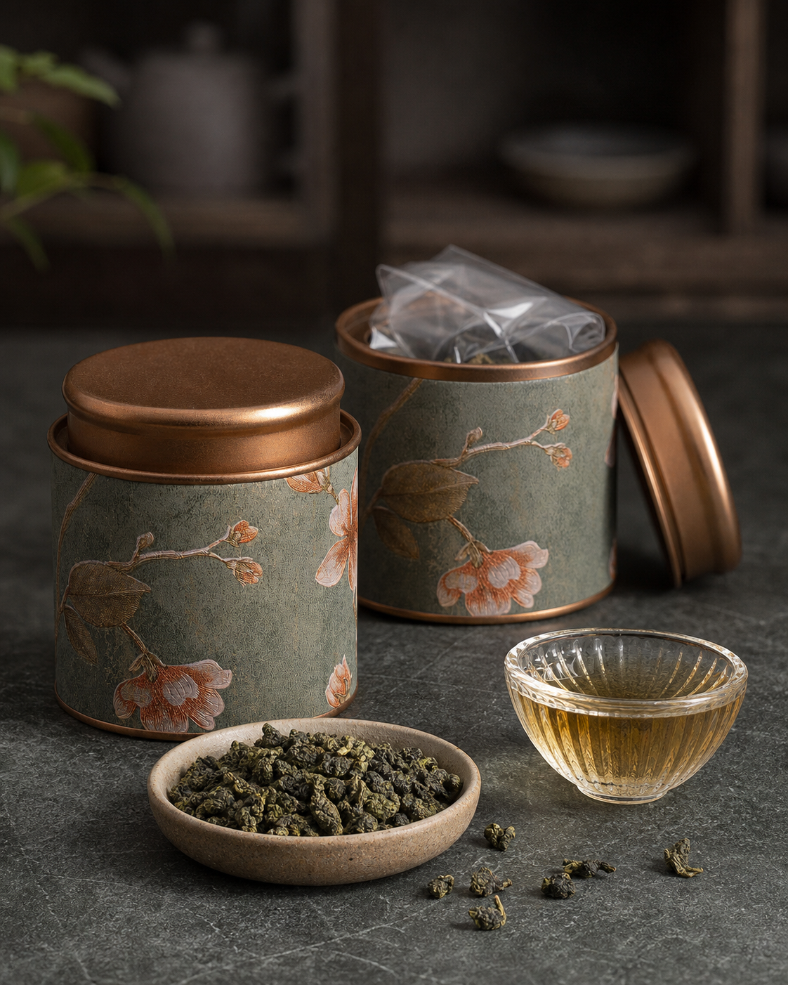 Celadon floral tea tins with rolled oolong leaves and brewed tea