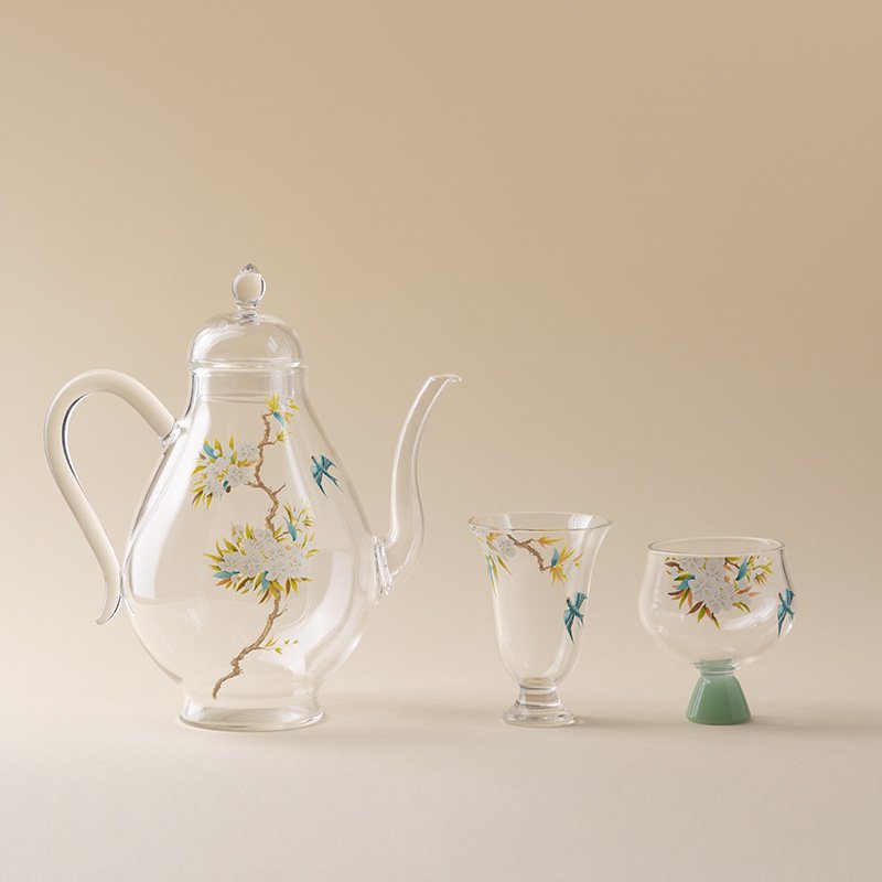 Spring Flight glass teapot with two floral tasting cups