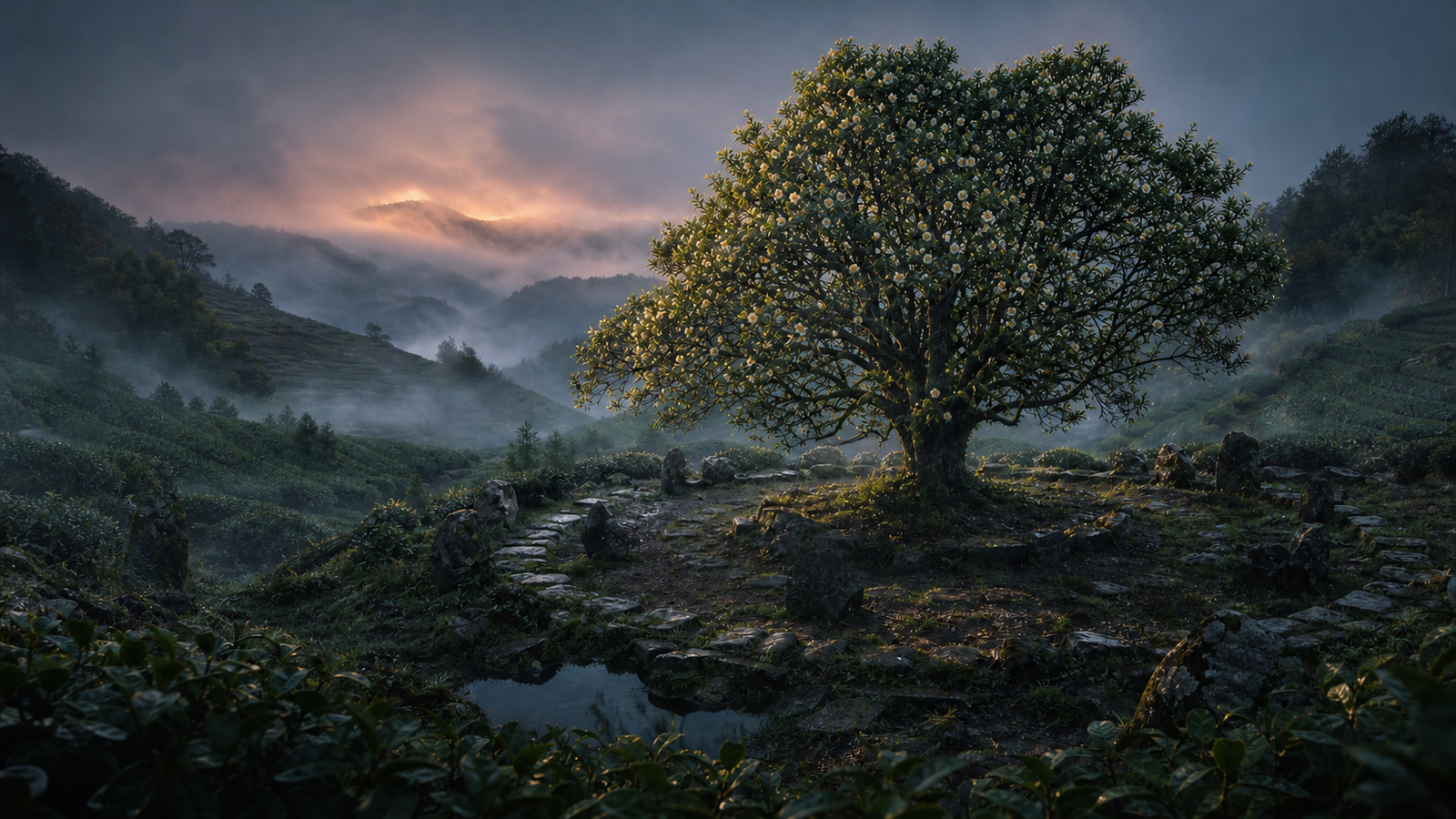 Symbolic ancient tea tree in bloom within a misty mountain tea garden