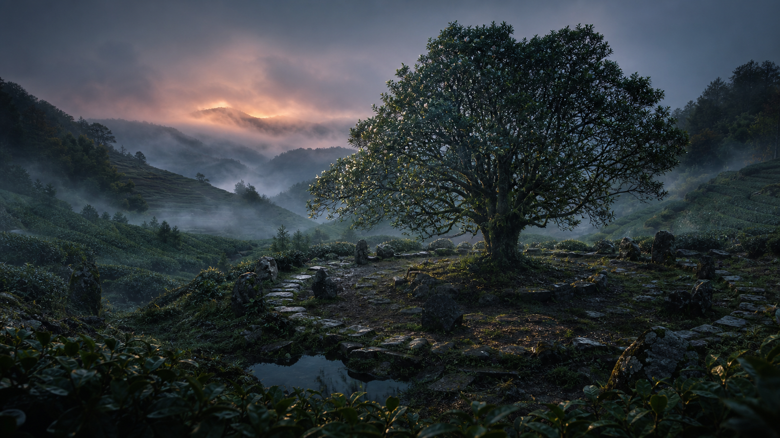 Symbolic ancient tea tree rising above a misty Yunnan-inspired tea landscape